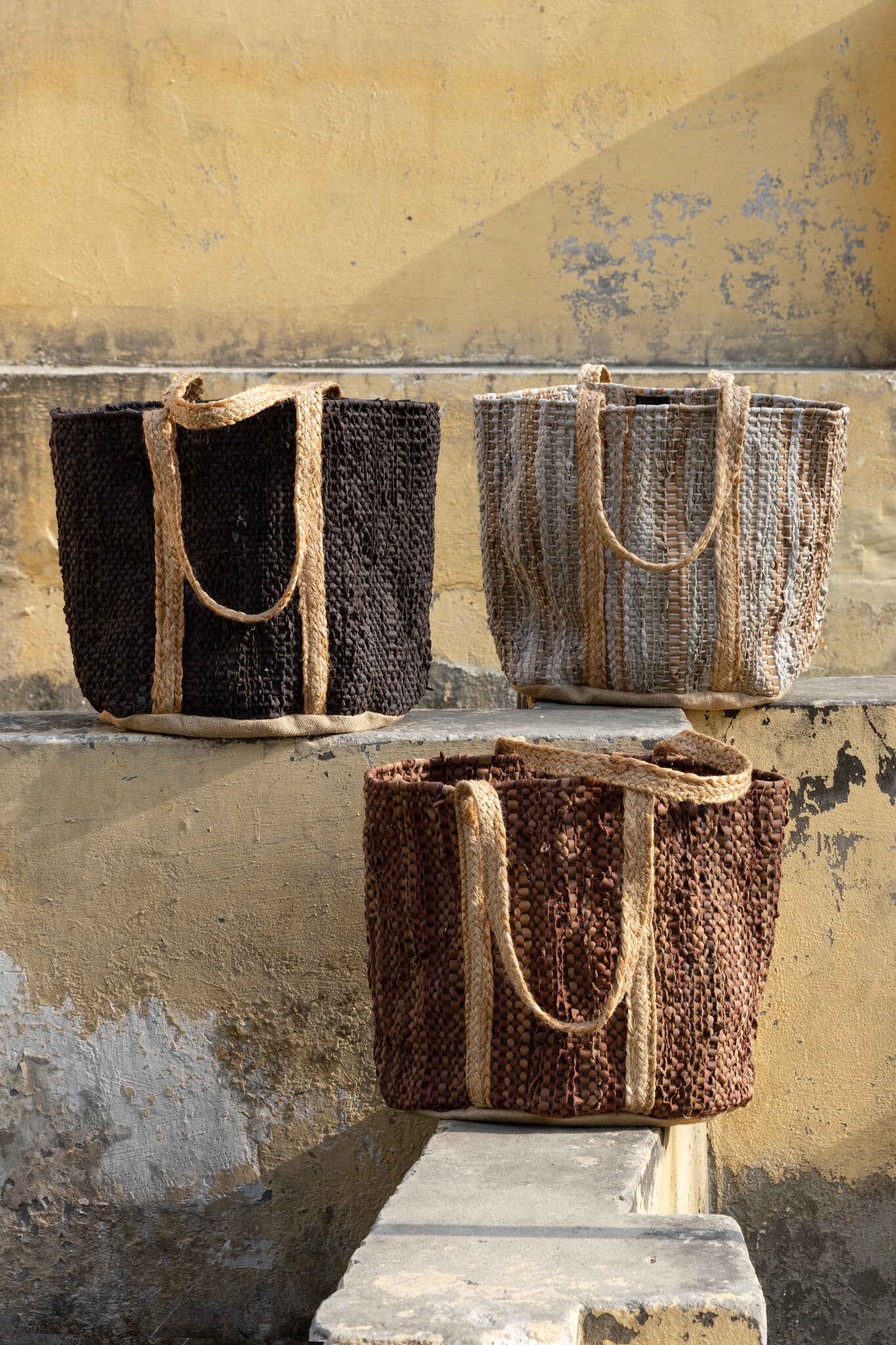 Cherree Beige Jute Leather Round Basket Handles