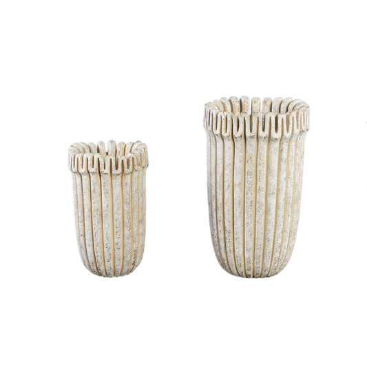 Raffay Cream Cement Round Pot Ribbed Lines High L