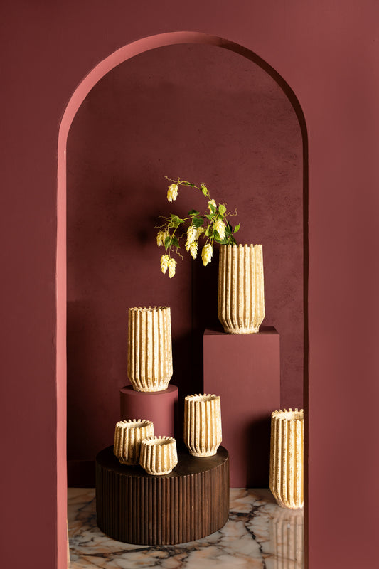 Zariya Cream Cement Round Pot Ribbed Lines High L