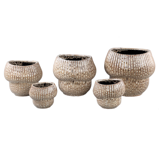 Colby Brown Ceramic Pot Round Shaped With Lines XL