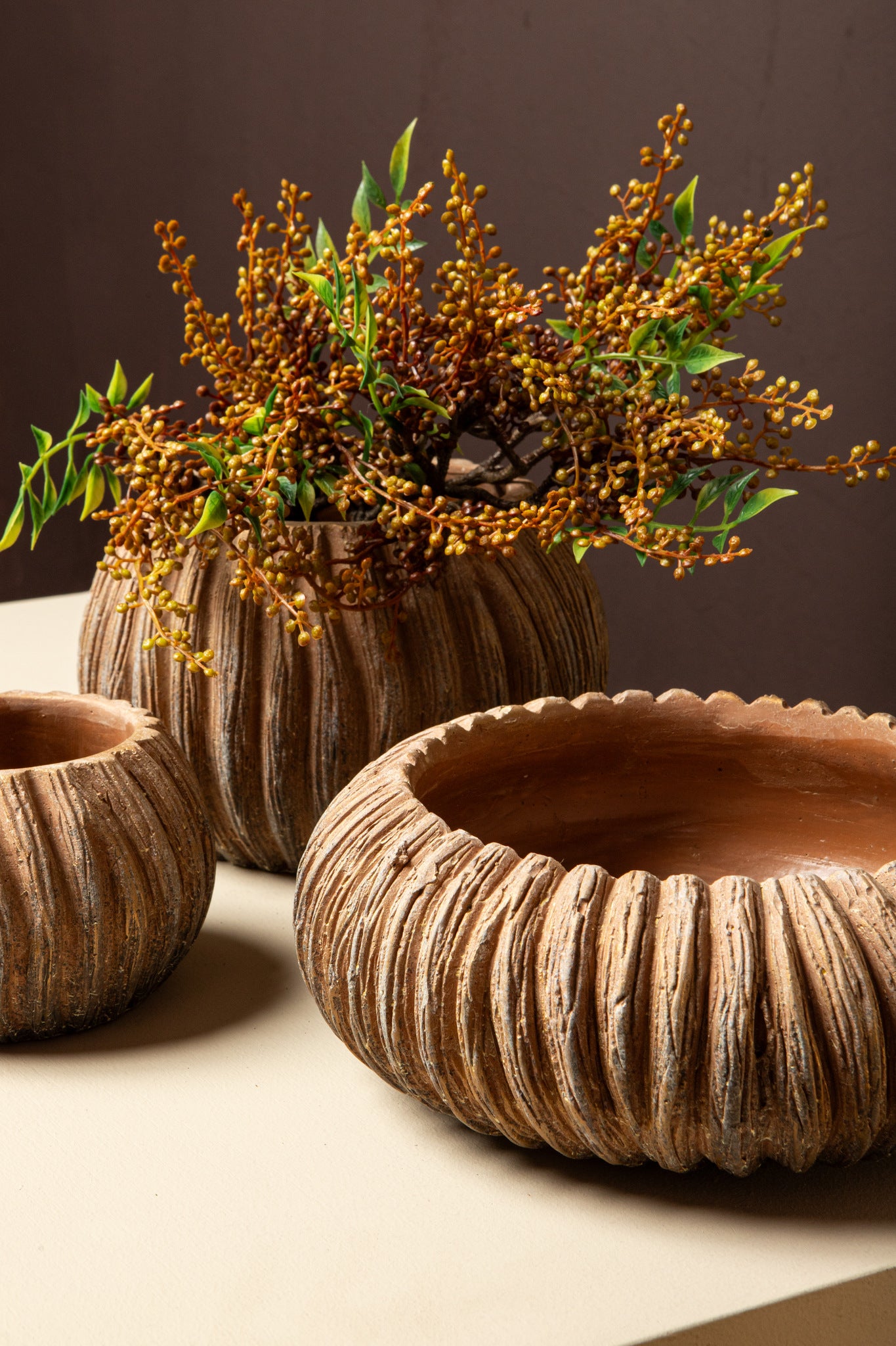 Revil Copper Cement Pot Round With Stripes Low L
