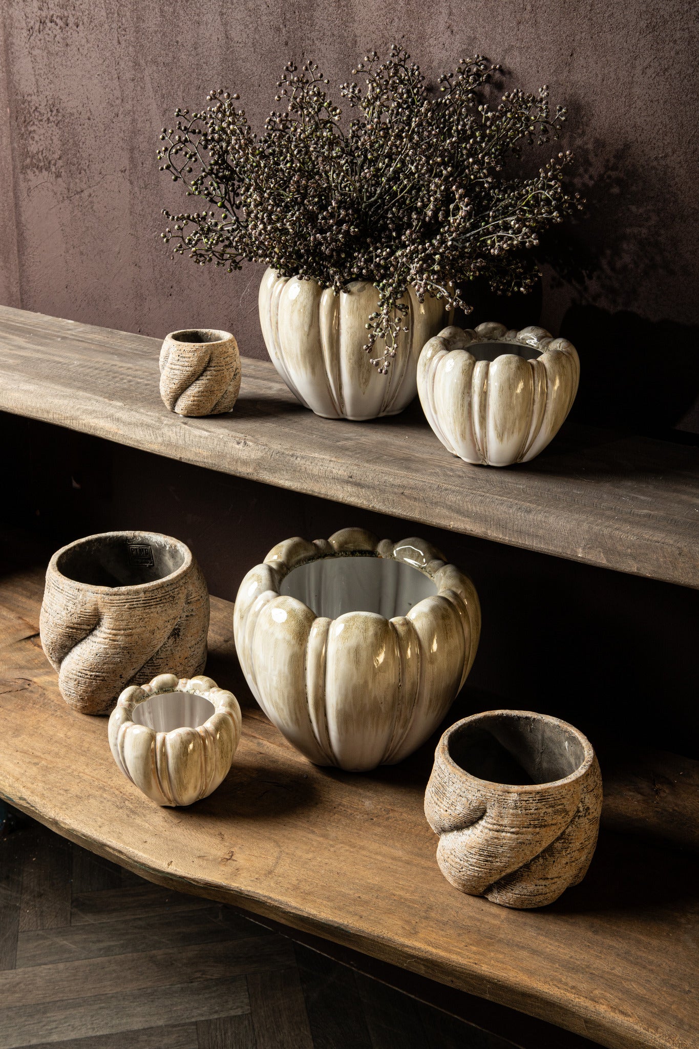 Dugan Cream Ceramic Pot Thick Ribbed Round L