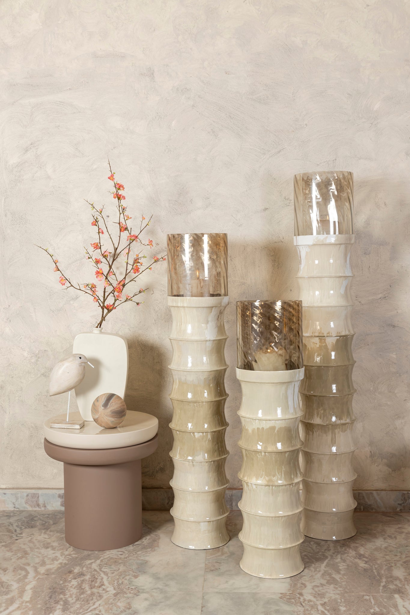 Kaylyne Cream Enamel Ribbed Stormlight W Glass L