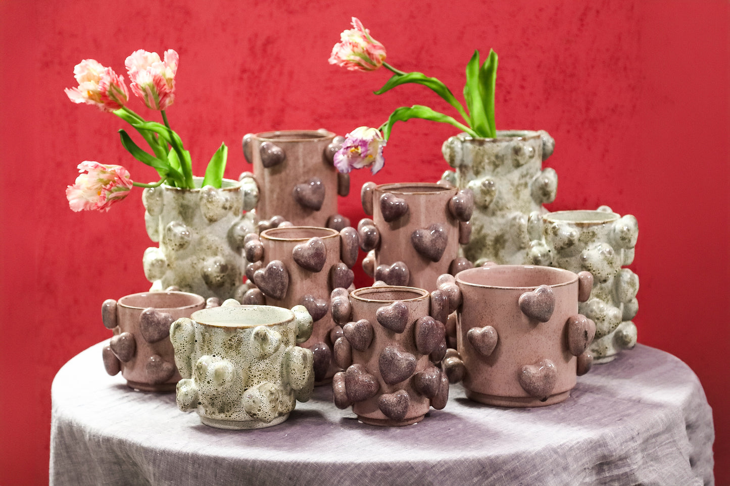 Valentin Pink Ceramic Pot 3D Hearts Low S