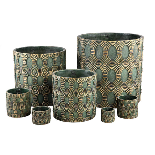 PTMD Kamilla Green cement ronde pot goud art deco groot S