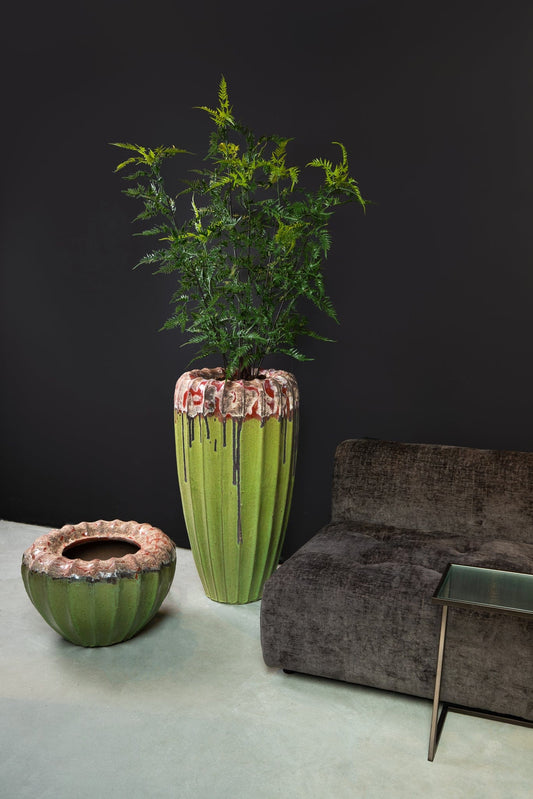 PTMD Linex Groene keramische pot biologisch geribbeld rond L