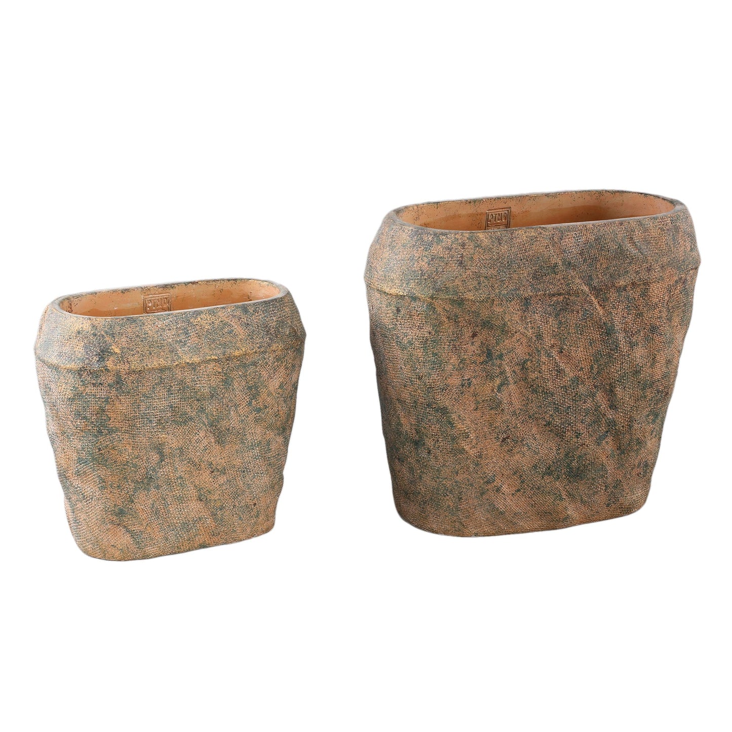 PTMD Lourdes Bruine cementpot jute patroon groen ovaal L