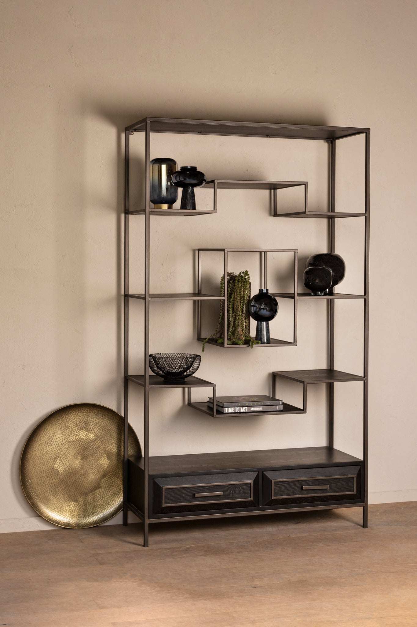 Lixly Black Wood Iron Frame Open Cabinet
