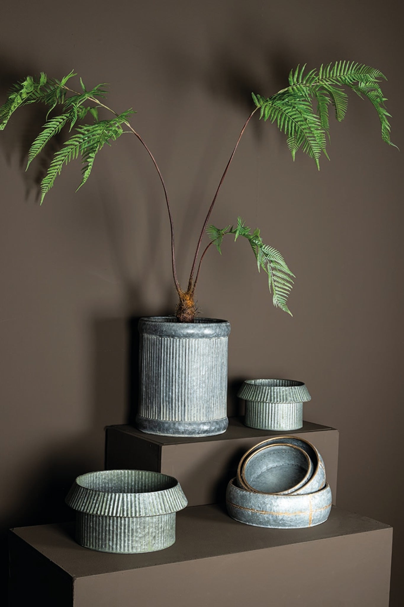 Vooda Grey Zinc Ribbed Low Pot Round Set Of 3