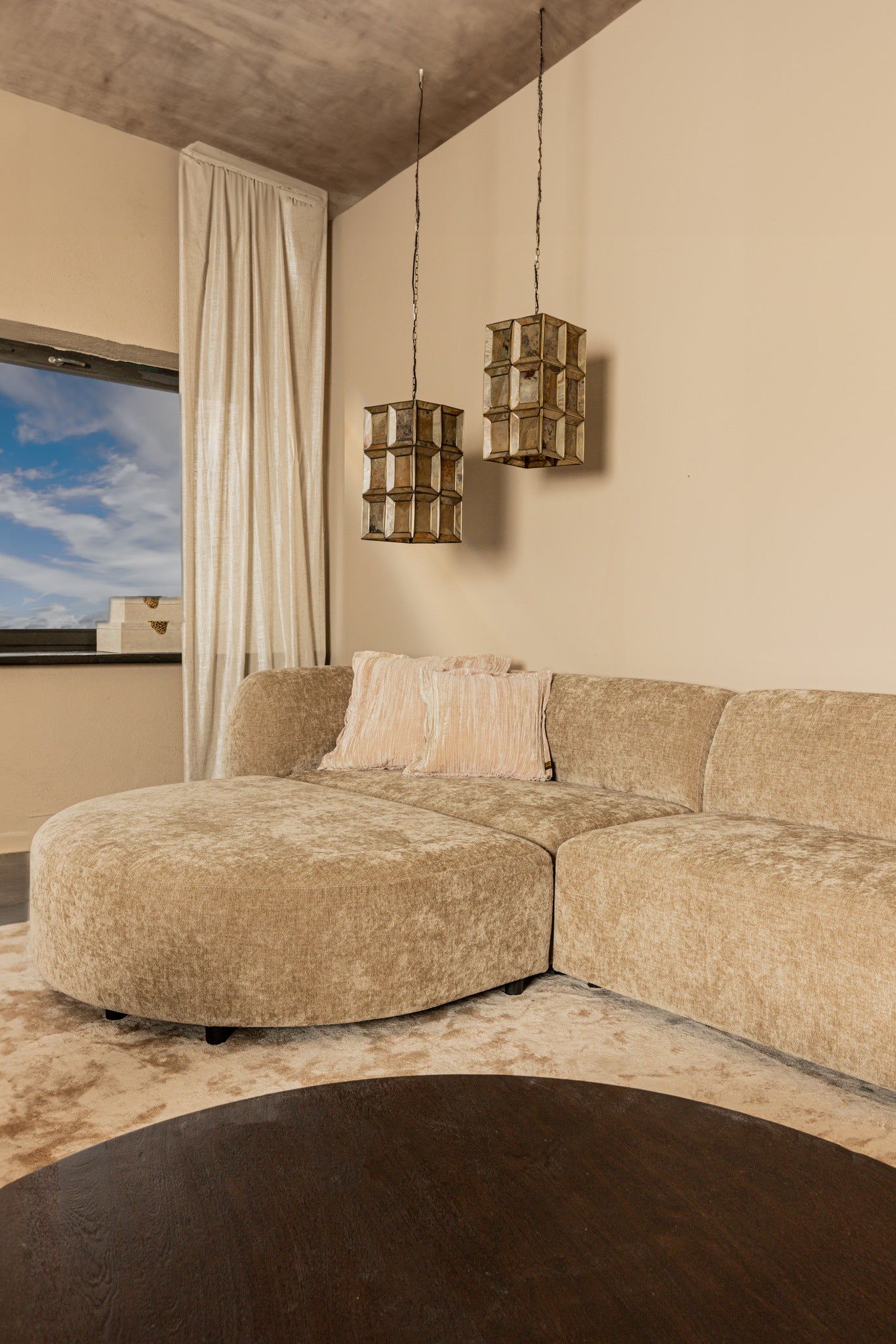 Lujo Sofa Cream Fiore Fabric Longchair Pouf