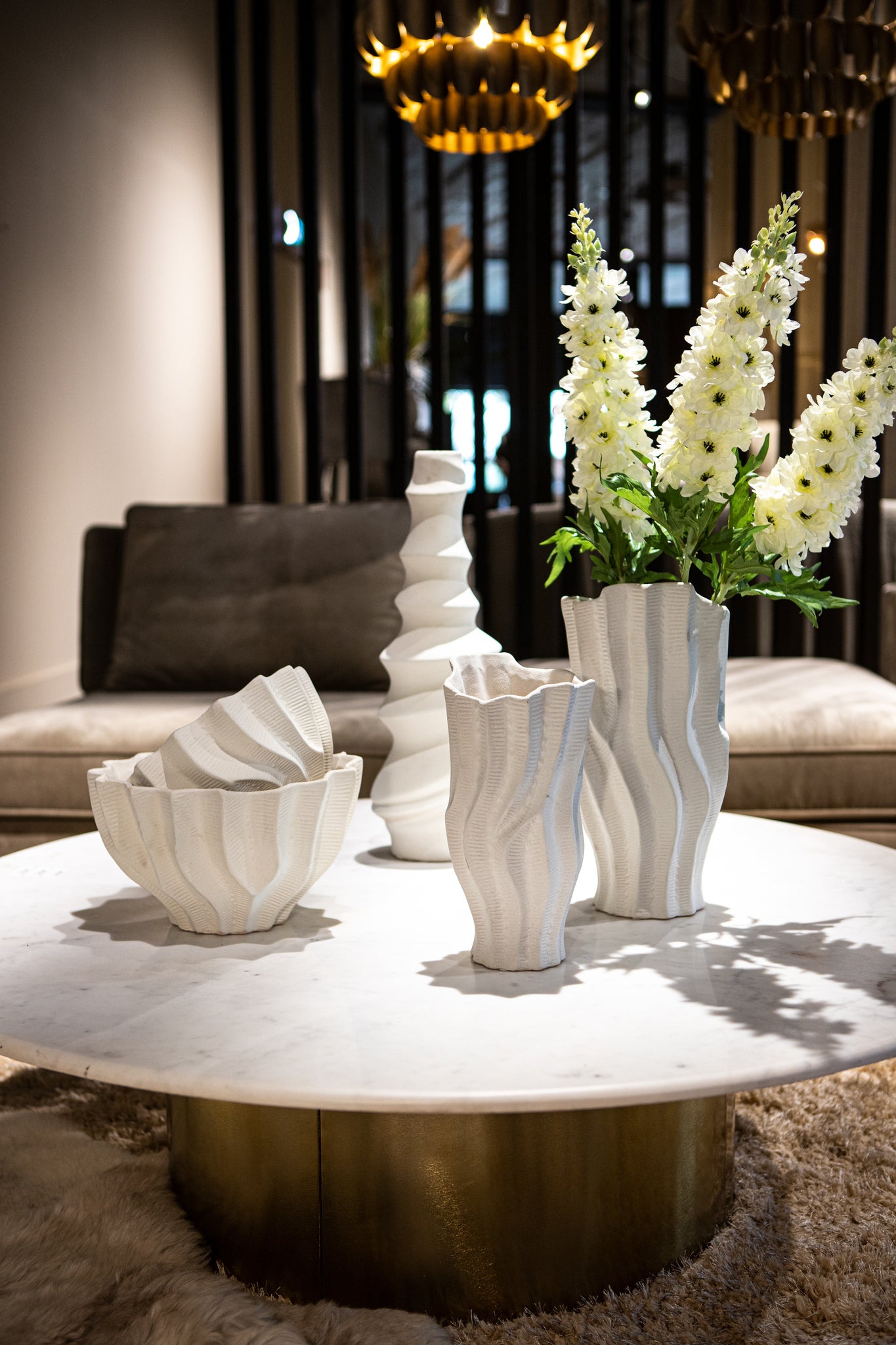 Merc White Ceramic Pot Wavy Ribbed Low L