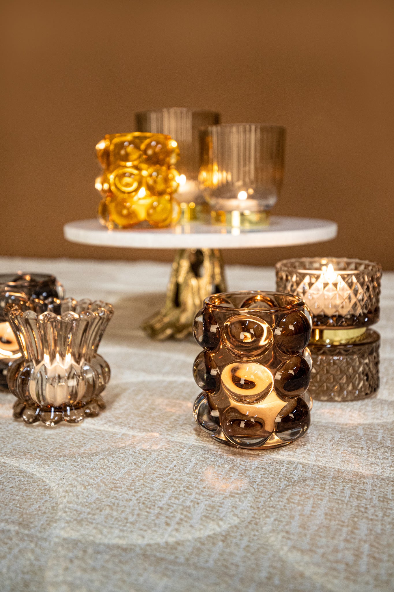 Siera Brown Glass Tealight Ribbed Gold Base