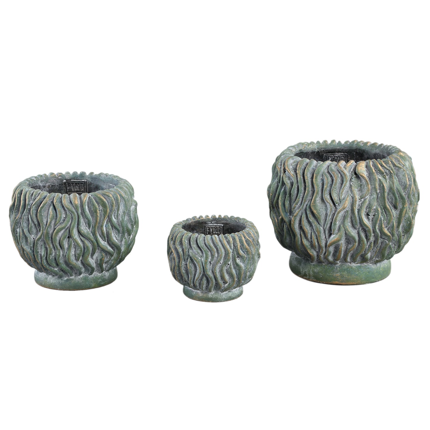 Brendan Green Cement Round Pot Carved Gold FinishS