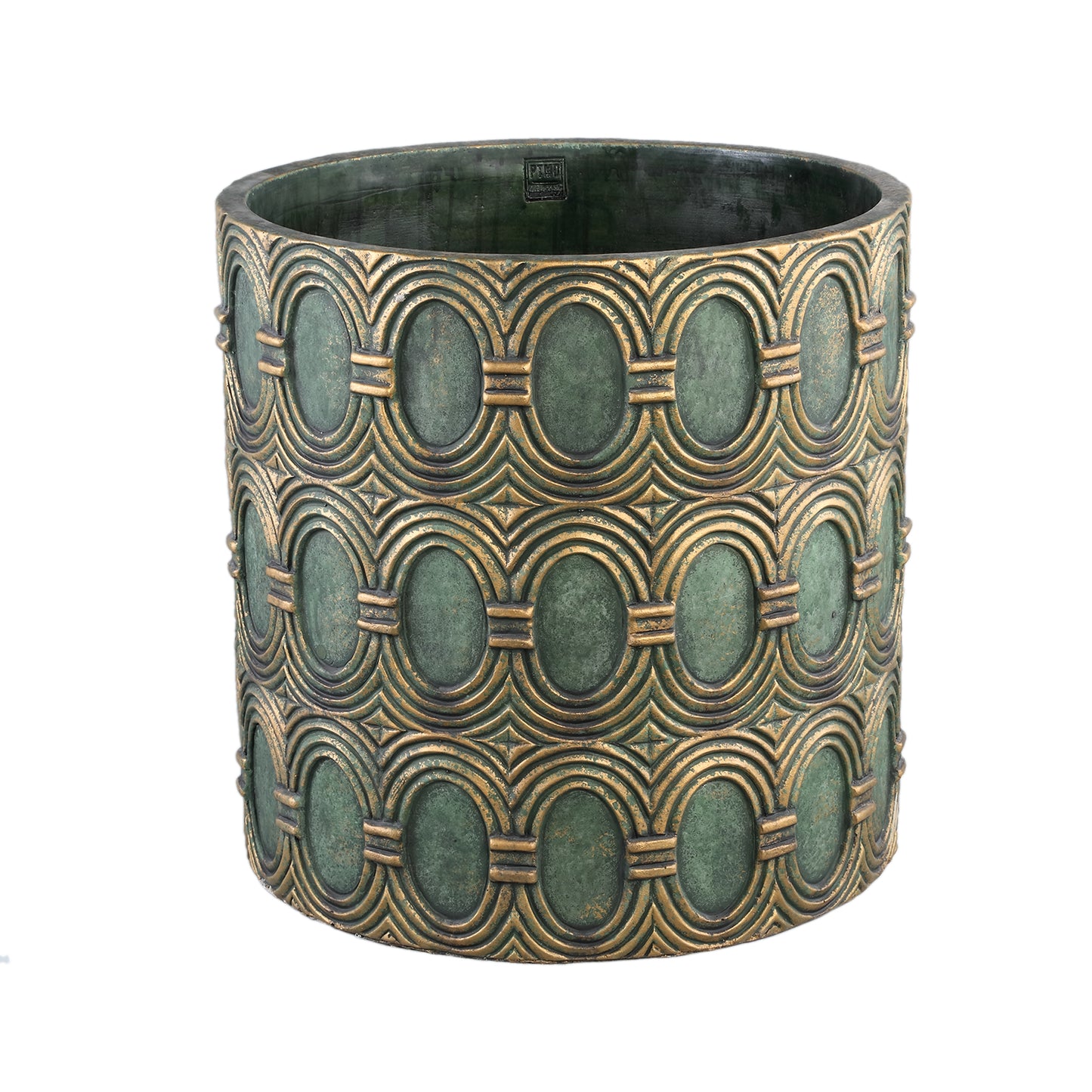 Kamilla Green Cement Round Pot Gold Art Deco Big L