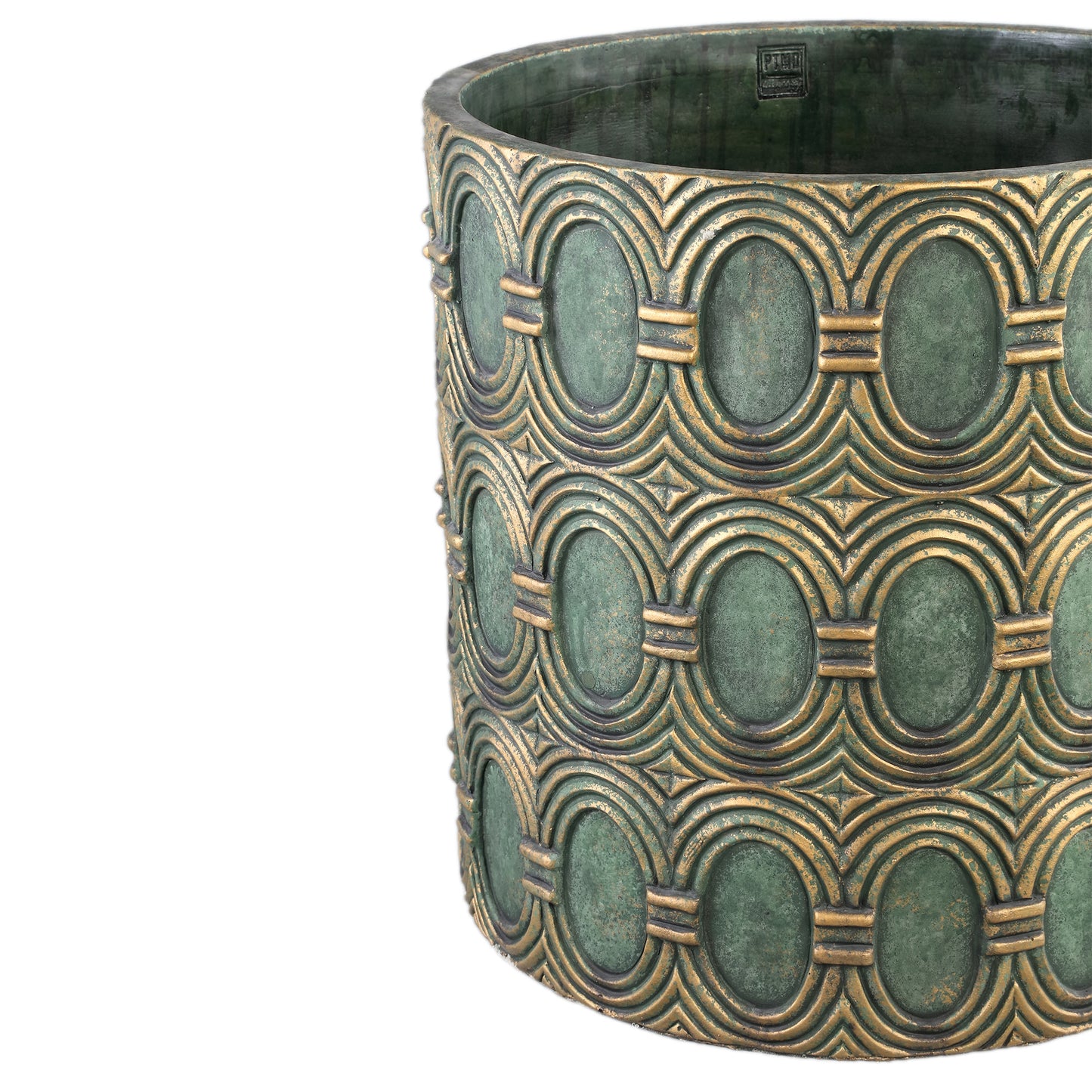 Kamilla Green Cement Round Pot Gold Art Deco Big L
