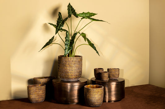Vivienne Brown Cement Oval Pot With Rectangles S