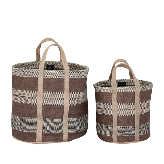 Toccara Brown Jute Round Basket Lines Pattern L
