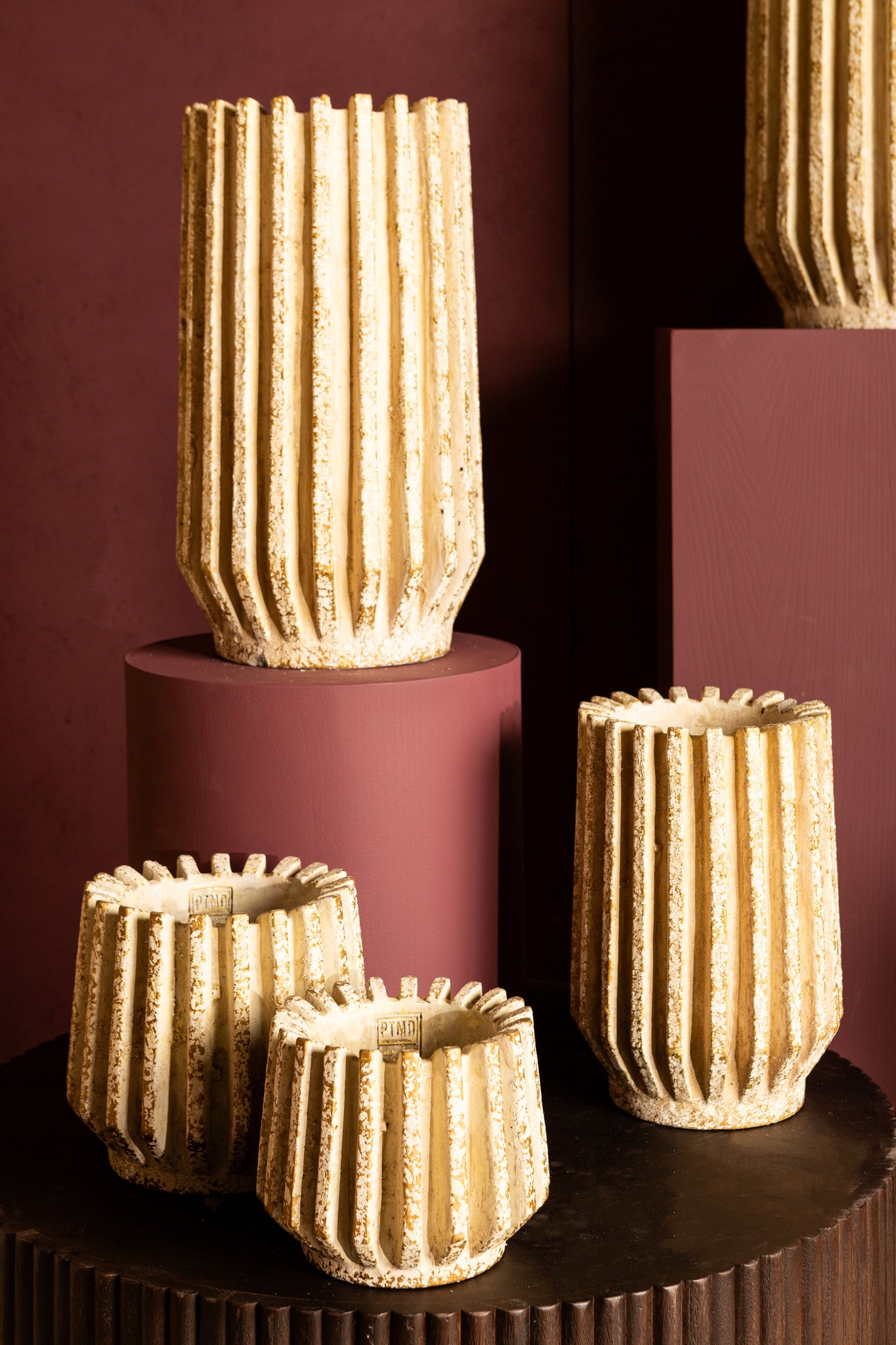 Zariya Cream Cement Round Pot Ribbed Lines High XS