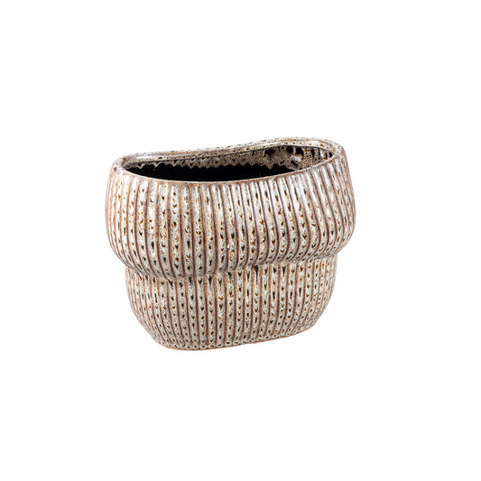 Colby Brown Ceramic Pot Oval Shaped Lines Low