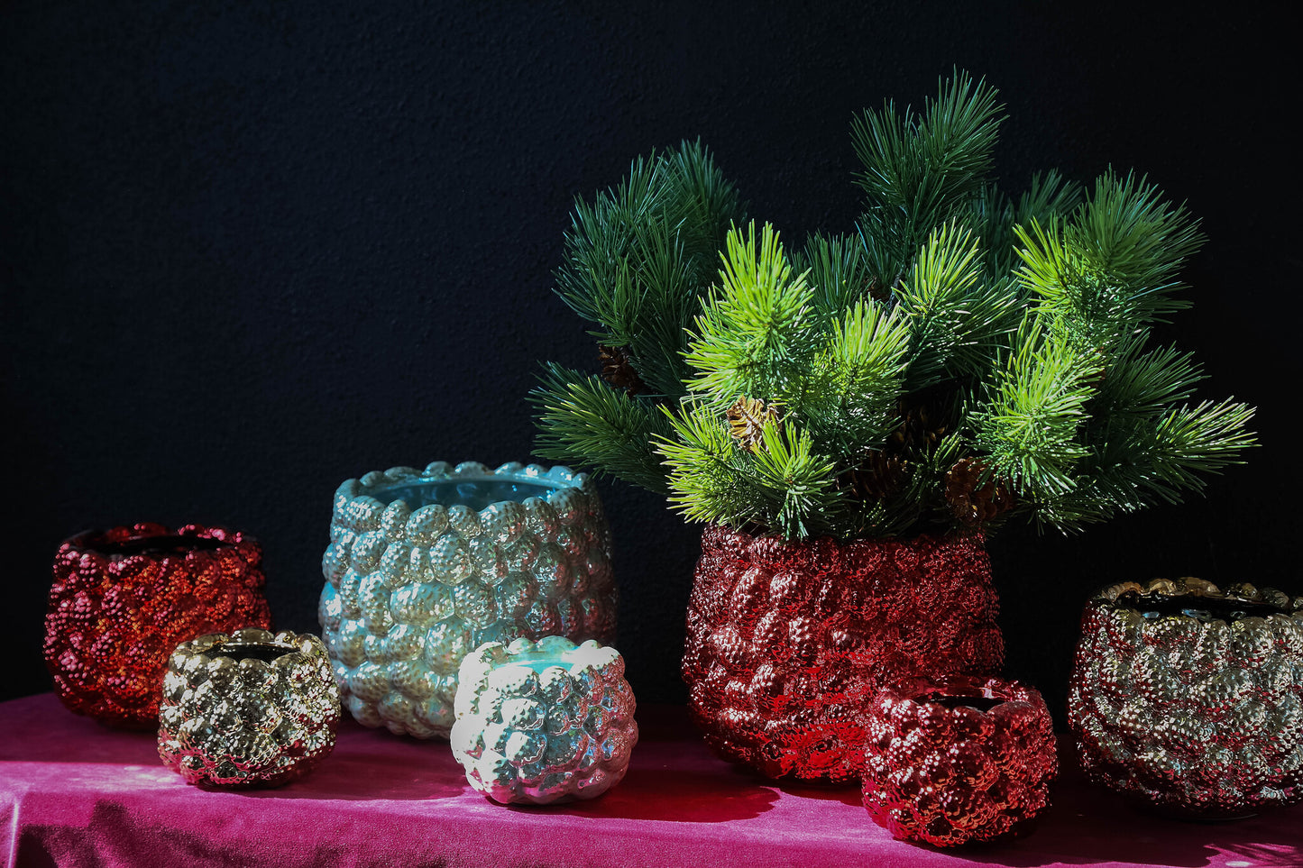 Francisca Red Ceramic Metallic Glazed Pot Pines L