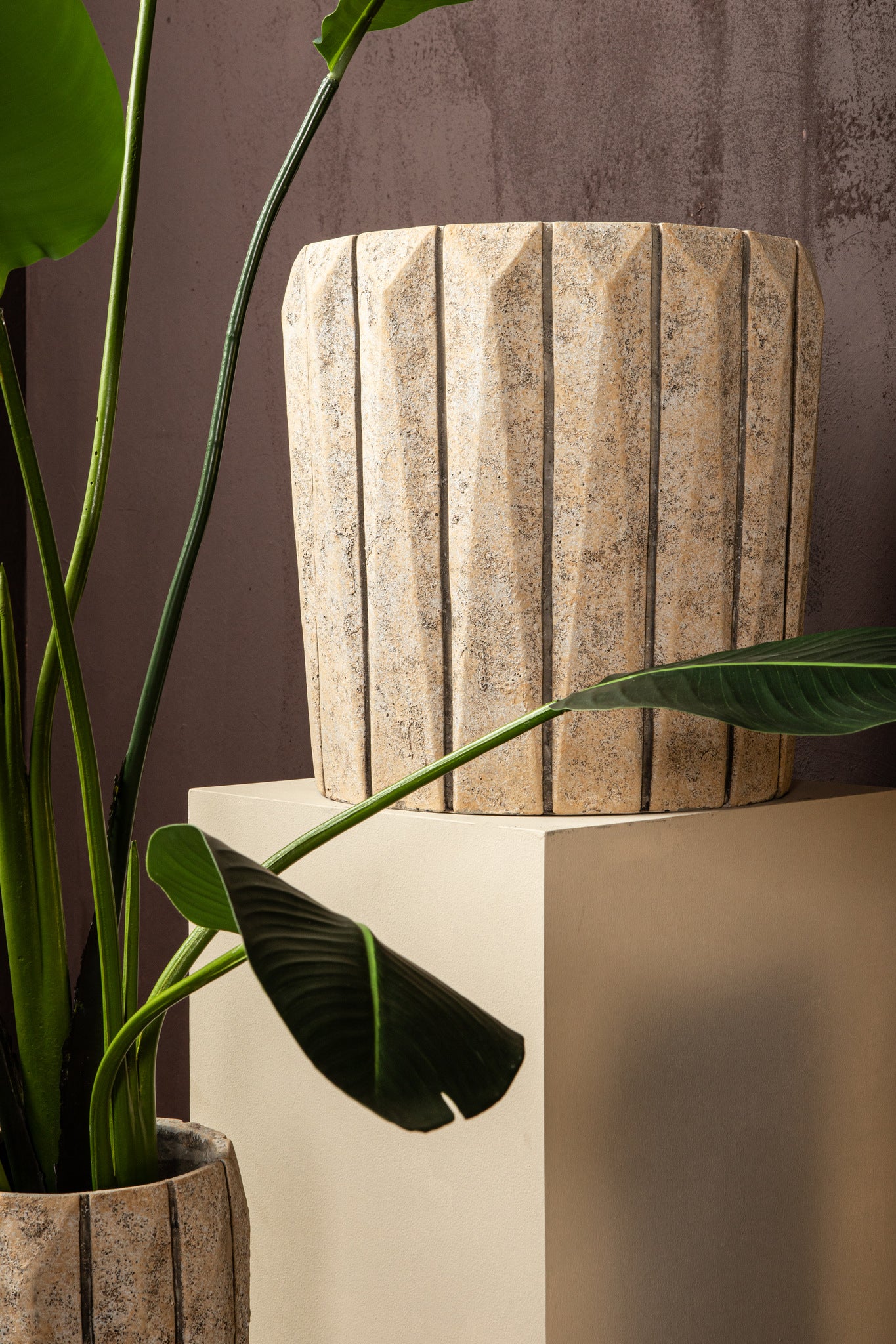 Imani Taupe Cement Pot Round With Lines Big S