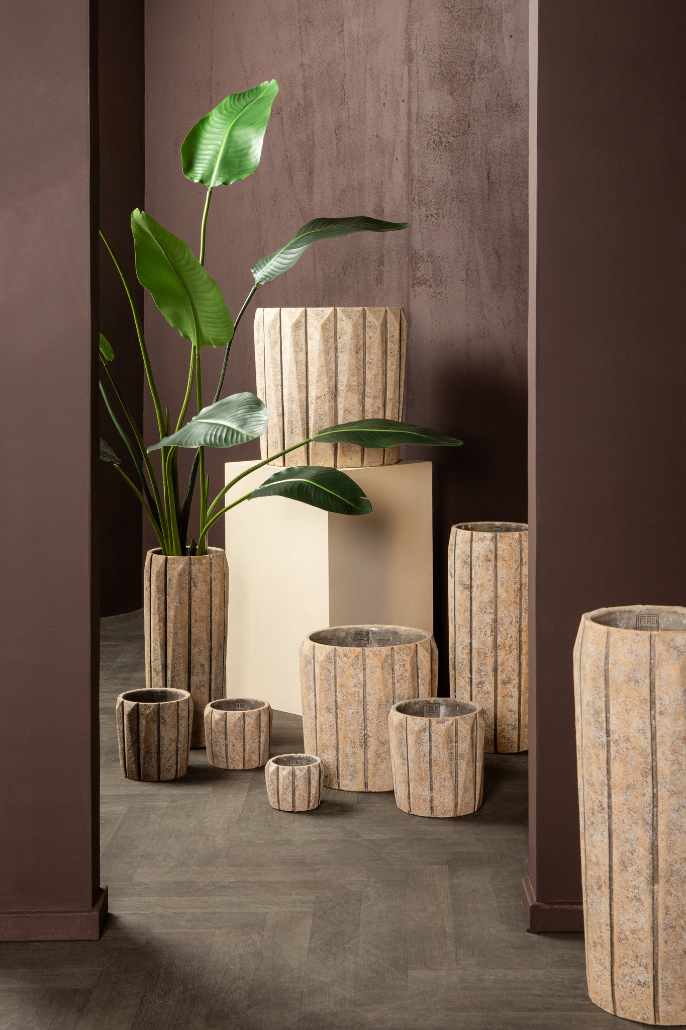 Imani Taupe Cement Pot Round With Lines Big L