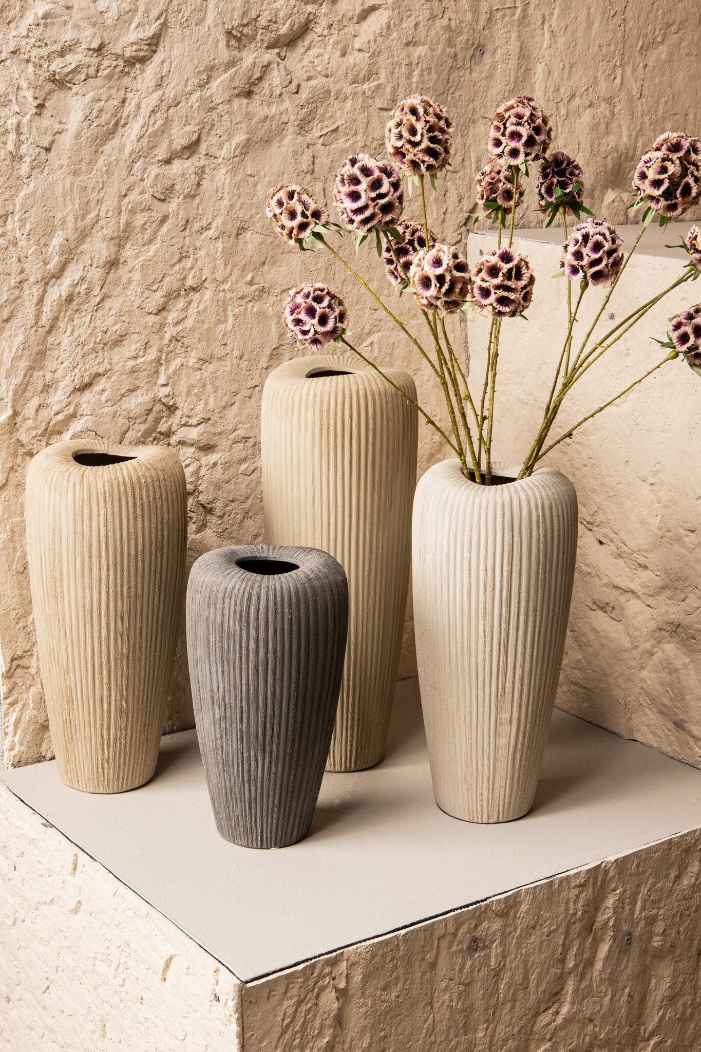 Zinet Taupe Round Ceramic Pot With Lines L