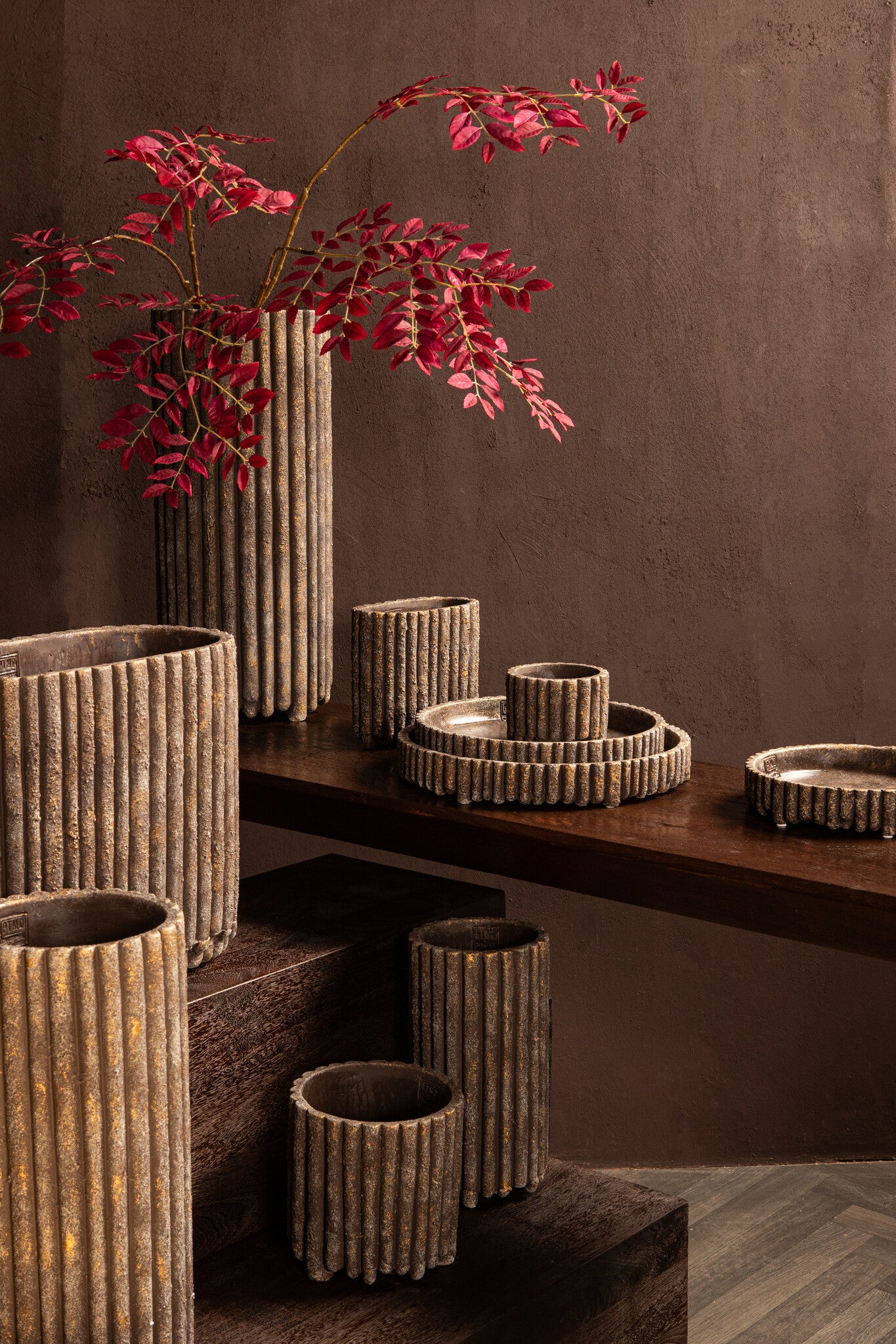 Morganne Brown Round Cement Pot Ribbed High L