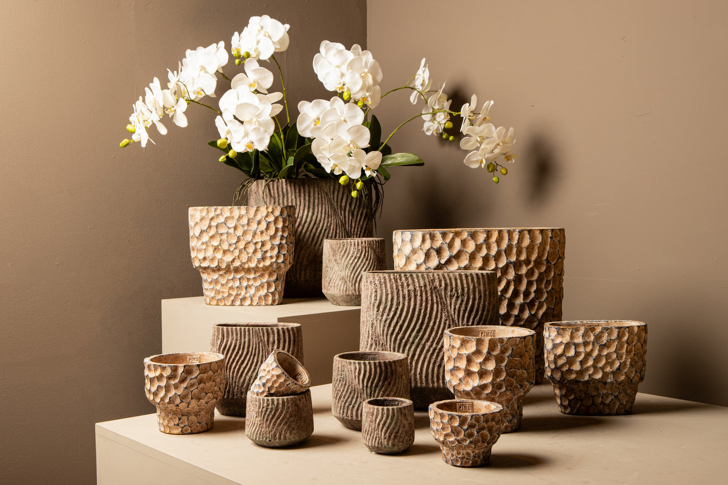 Diesel Grey Round Cement Pot Wavy Lines High M