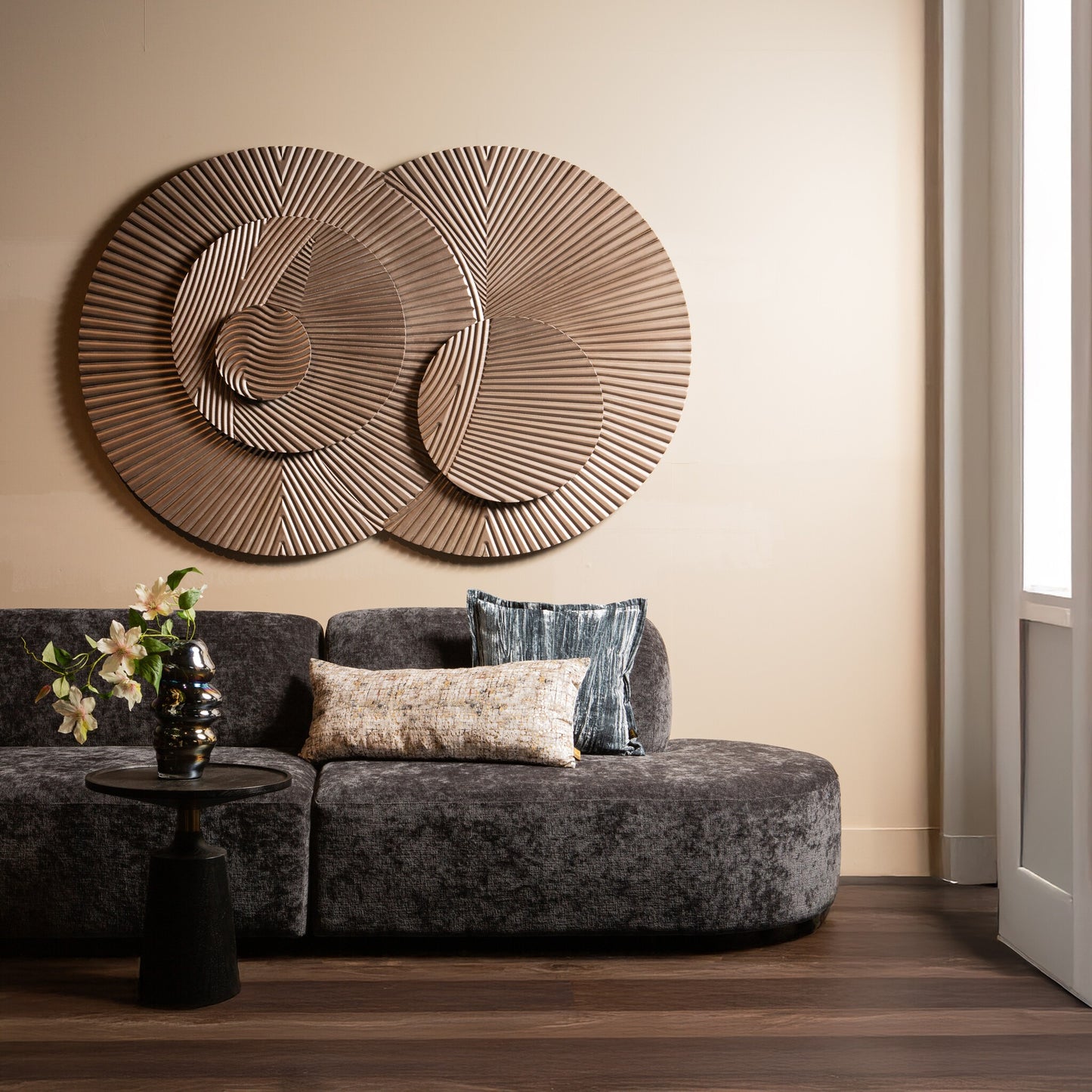 Thikra Brown Double Circles Mdf Wall Panel Carved