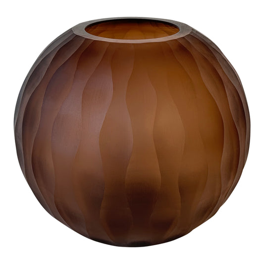 Mishan Brown Glass Bulb Vase Carved Wavy Pattern