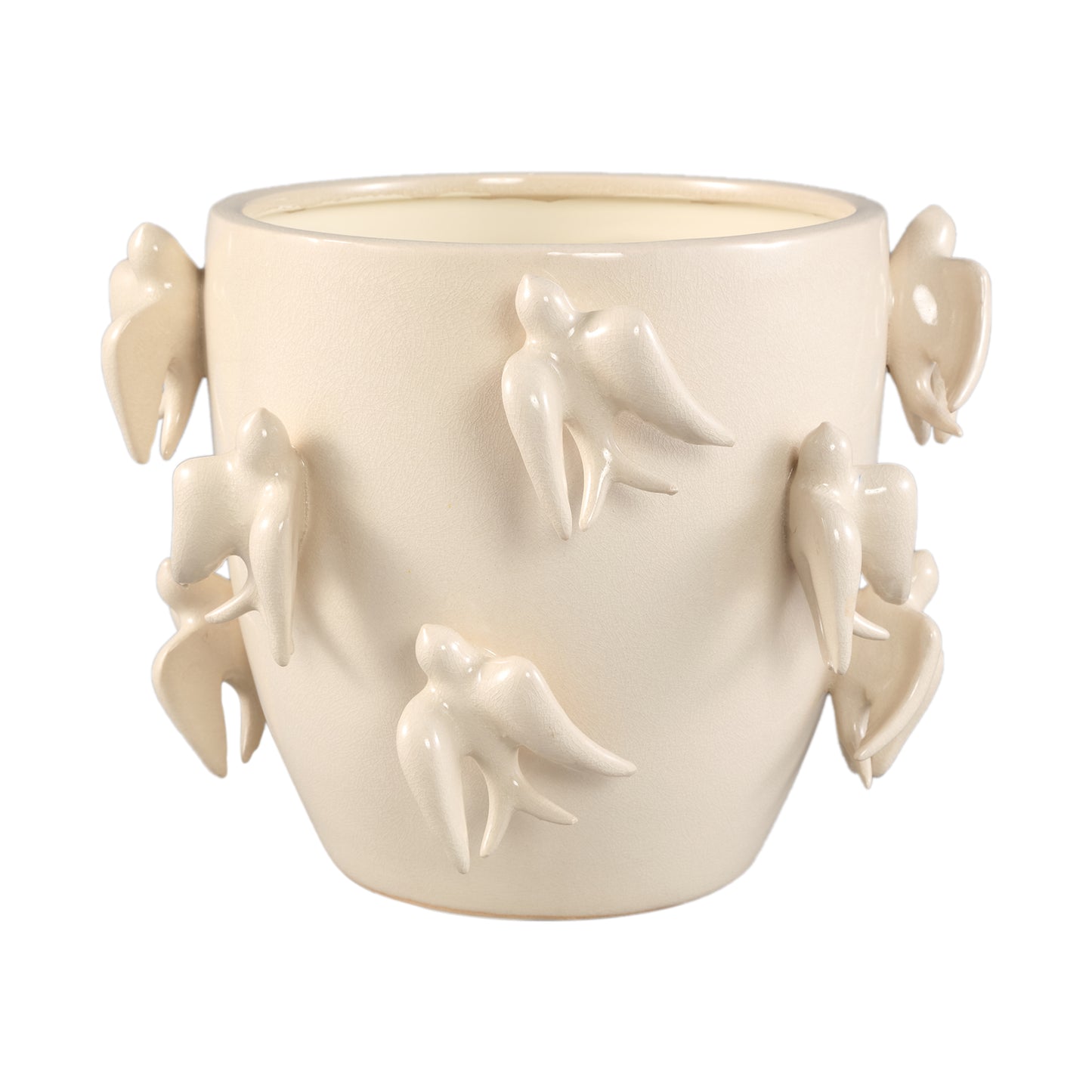 Emmelyn White Round Ceramic Glazed Pot Birds L