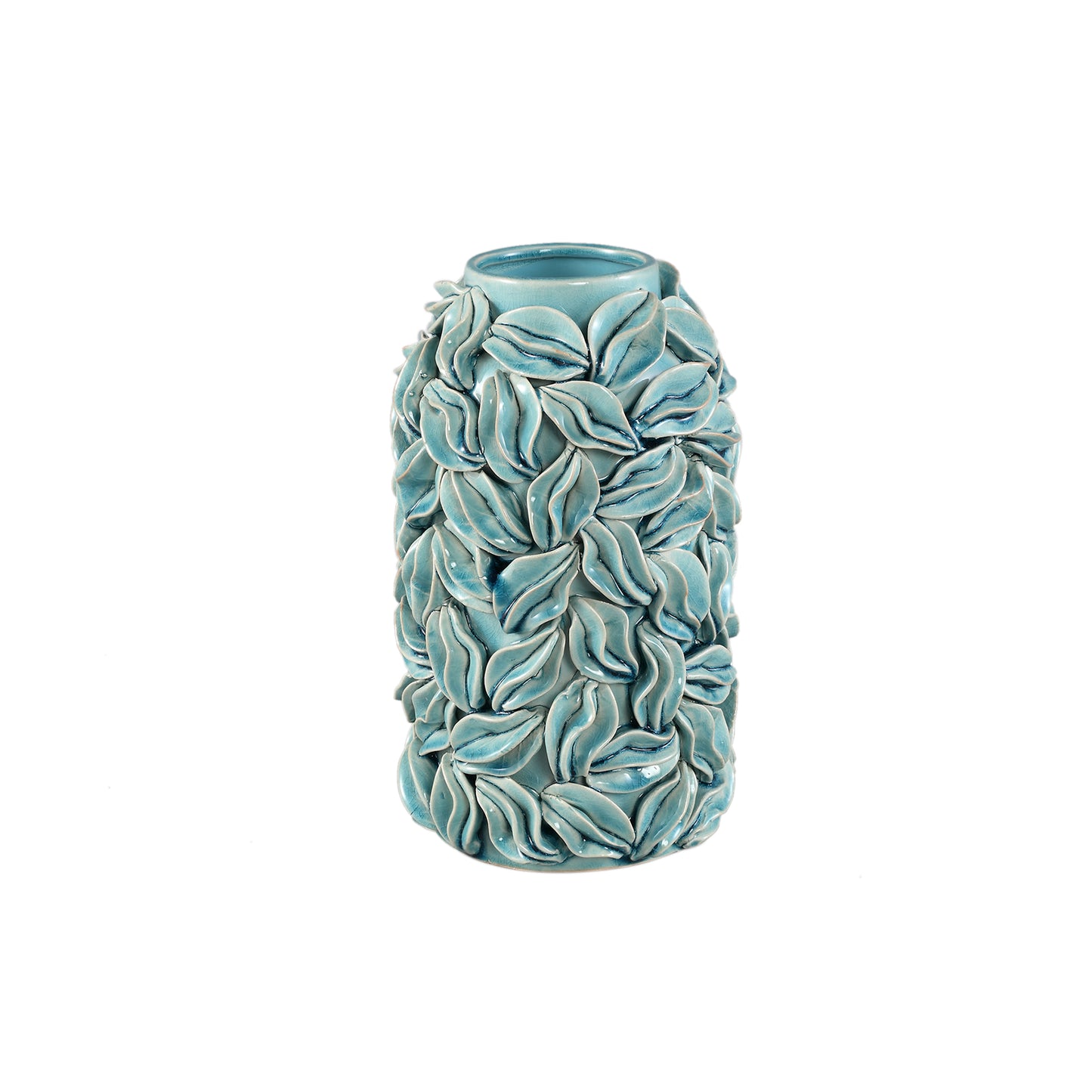 Zubeda Blue Round Glazed Ceramic Pot With Leaves S