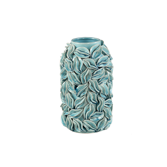 Zubeda Blue Round Glazed Ceramic Pot With Leaves S