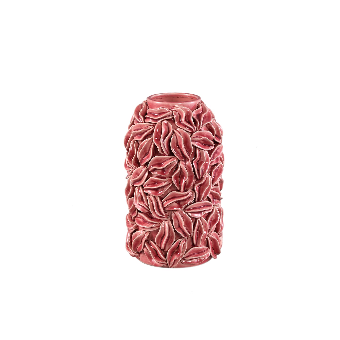 Zubeda Pink Round Glazed Ceramic Pot With Leaves S