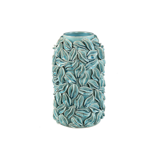Zubeda Blue Round Glazed Ceramic Pot With Leaves L
