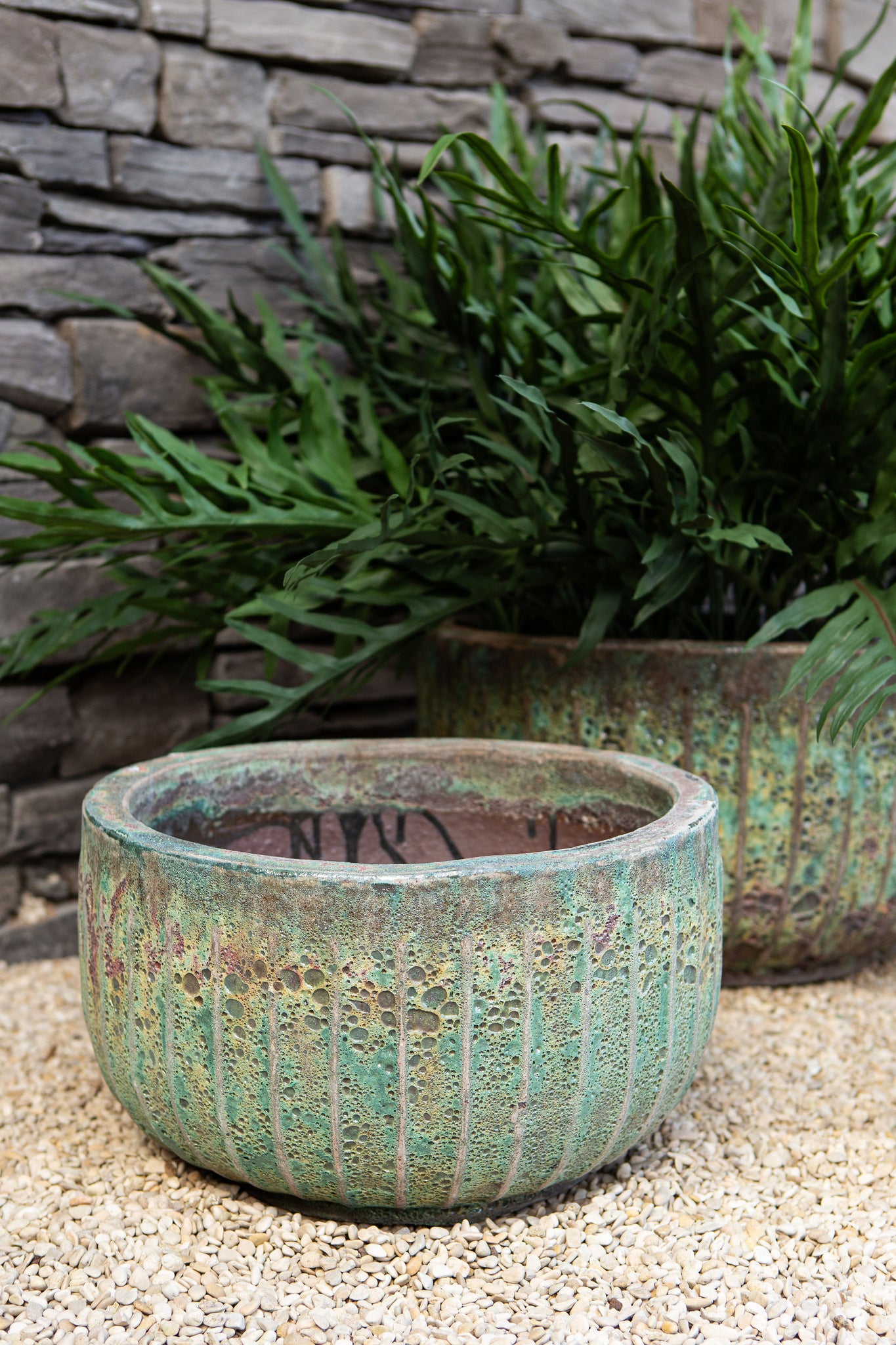 Siantelle Green Round Ceramic Pot With Lines SV3