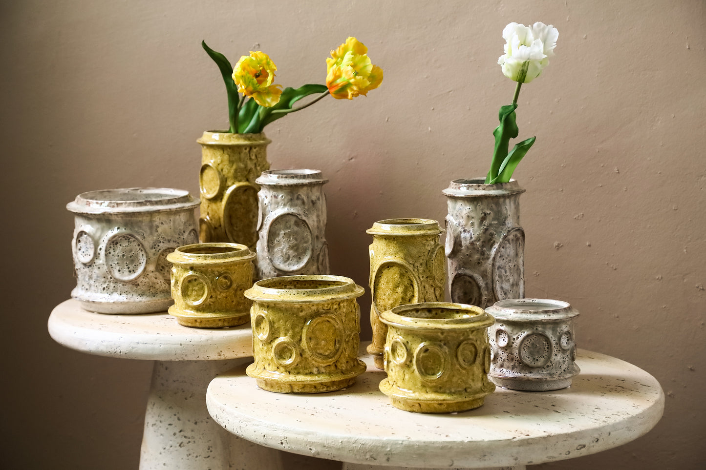 Gregorie Yellow Ceramic Round Pot Circles High L