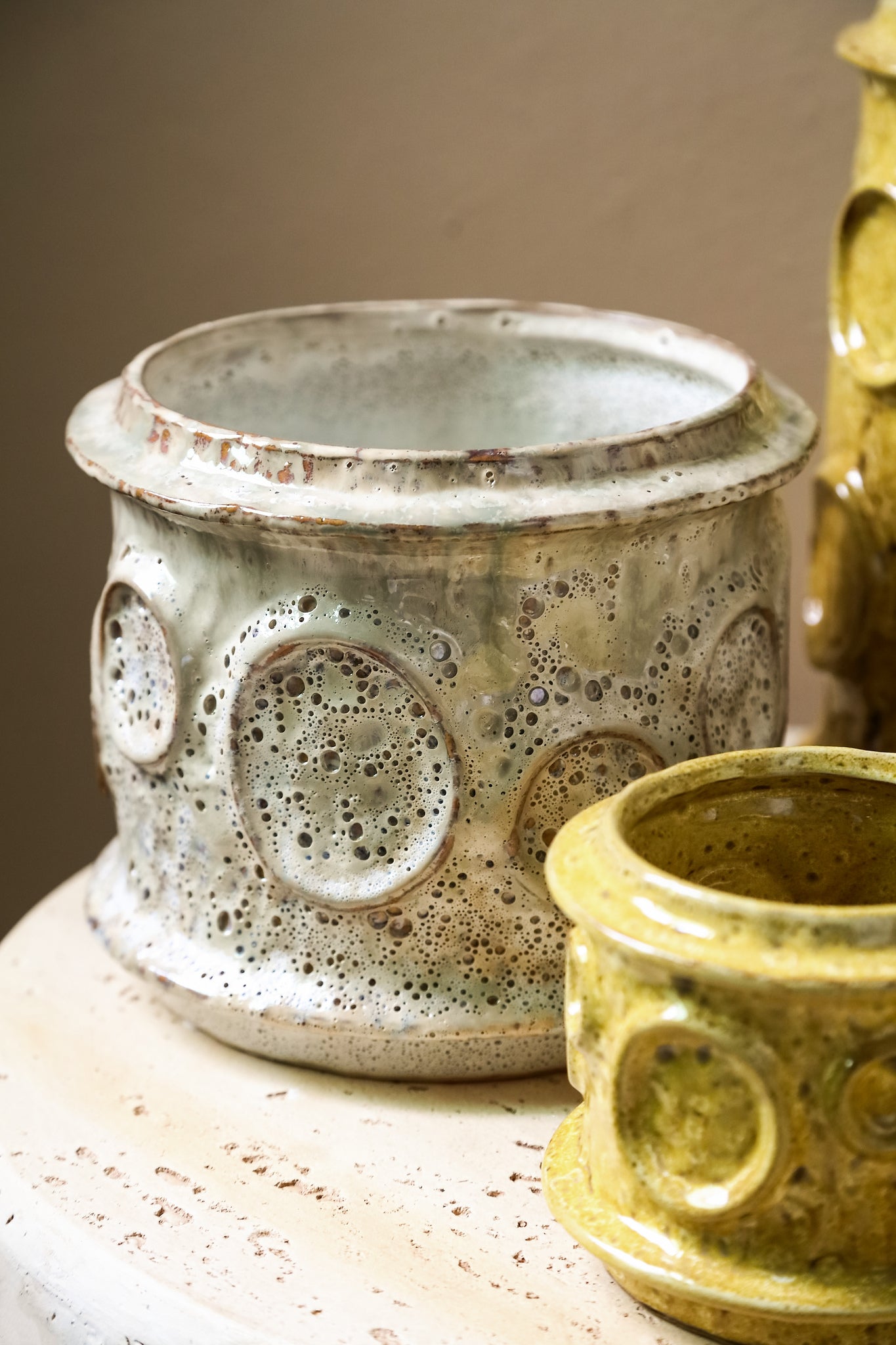 Gregorie Cream Ceramic Round Pot Circles Low L