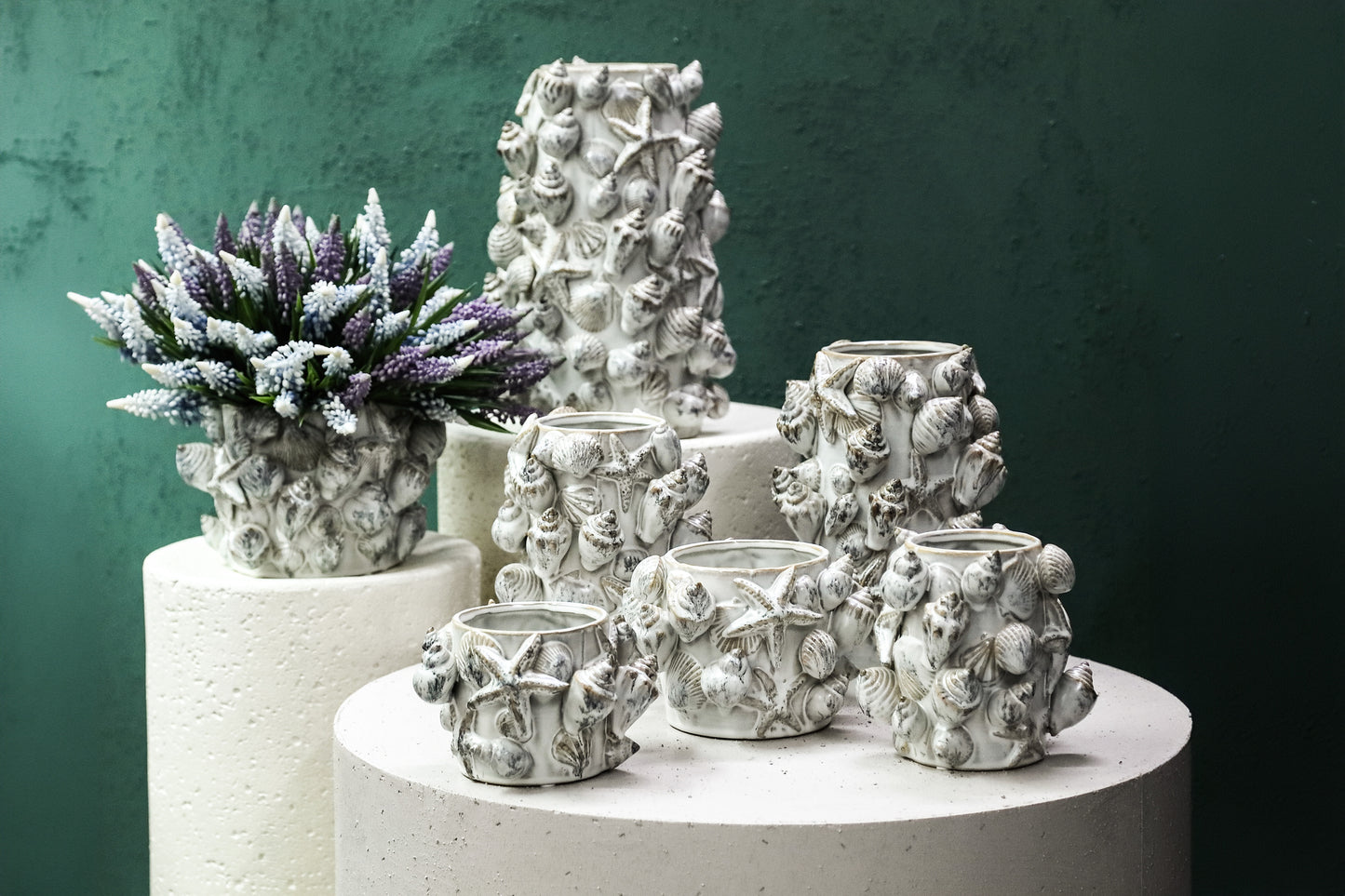 Prince Cream Ceramic Pot 3D Seashells Round High M