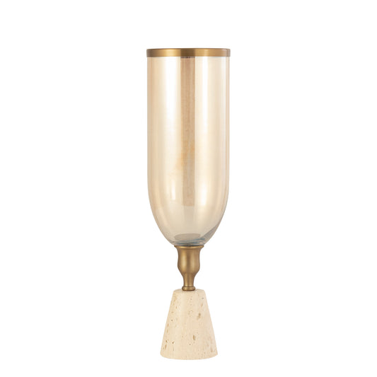 Tadh Brass Glass Stormlight Travertin Base Round L
