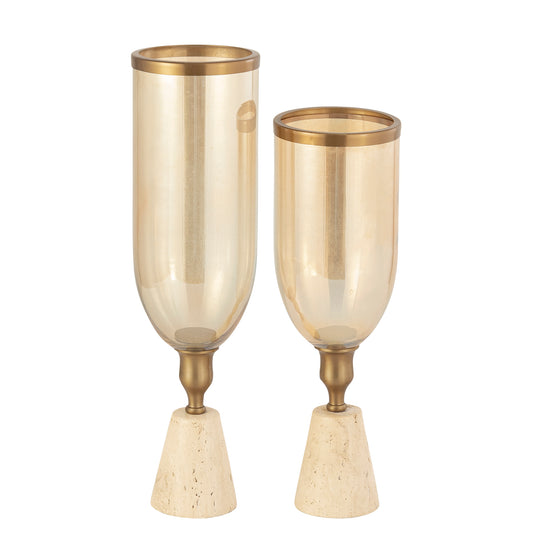 Tadh Brass Glass Stormlight Travertin Base Round S