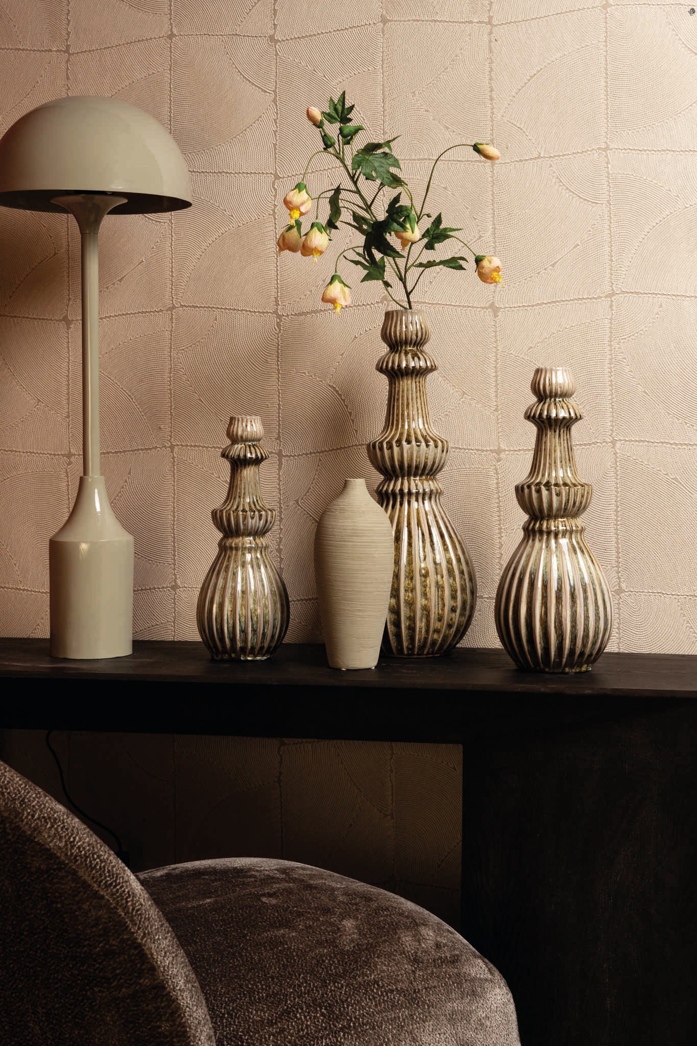Myrtle Cream Ceramic Round Ribbed Vase L