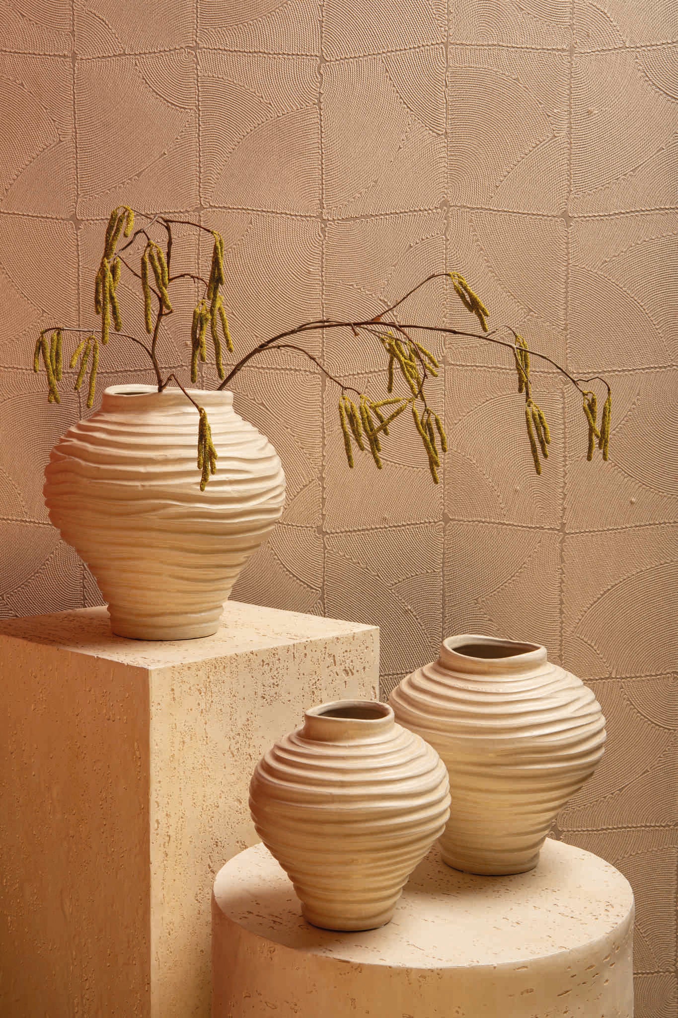Mickie Beige Round Bulb Ceramic Vase Ribbed S