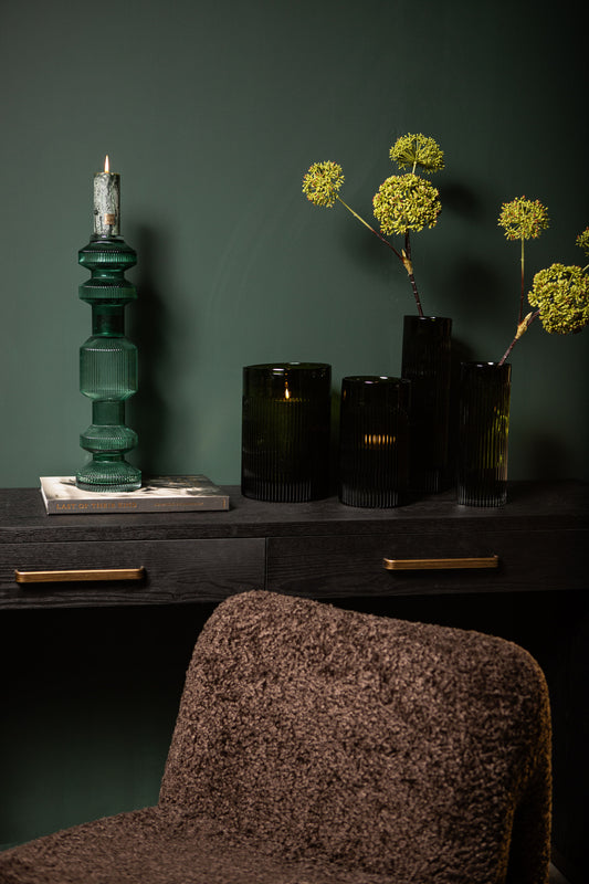 Alphaba Olive Green Round Ribbed Glass Vase SmallL