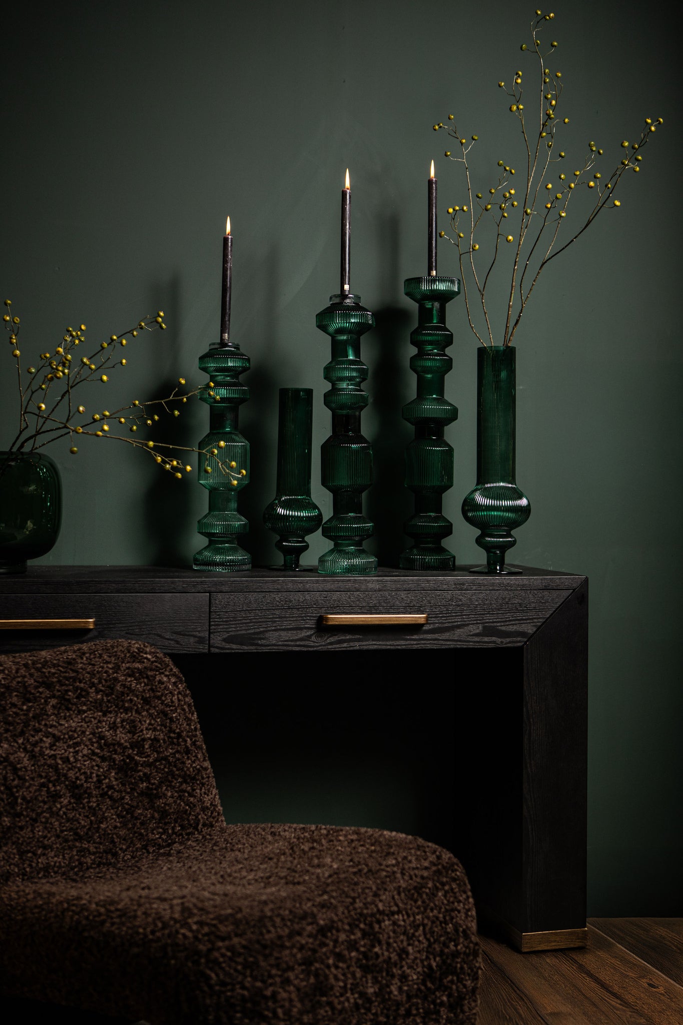 Keala Dark Green Round Ribbed Glass Vase On Base S