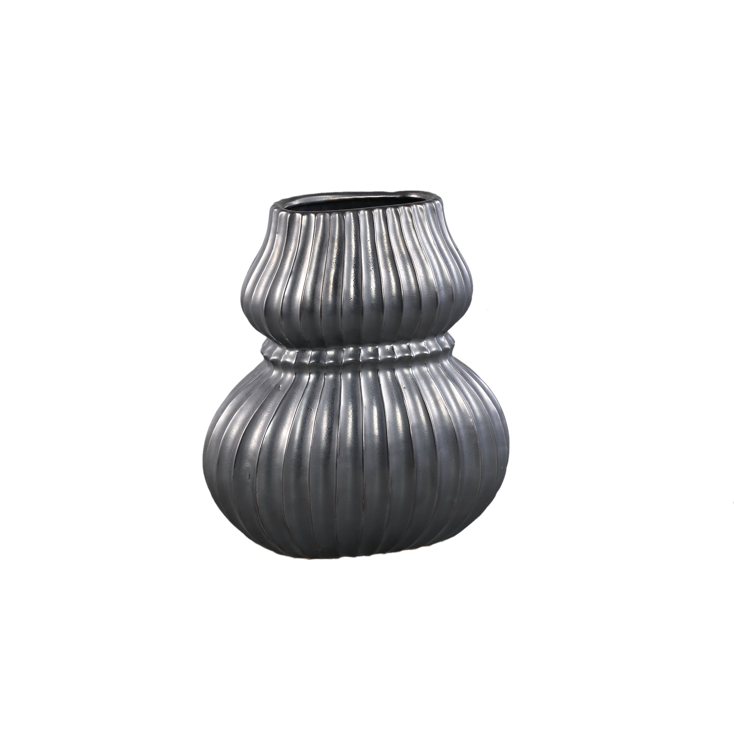Halta Black Oval Ceramic Bulby Vase Ribbed M