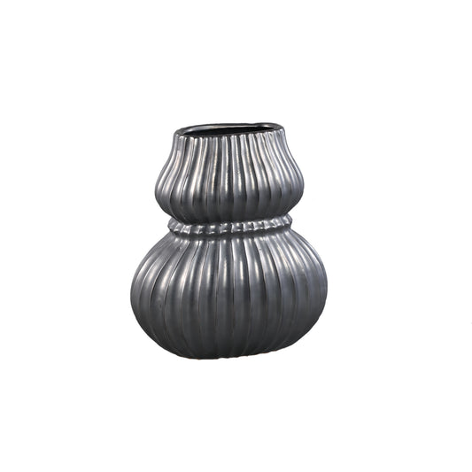 Halta Black Oval Ceramic Bulby Vase Ribbed M
