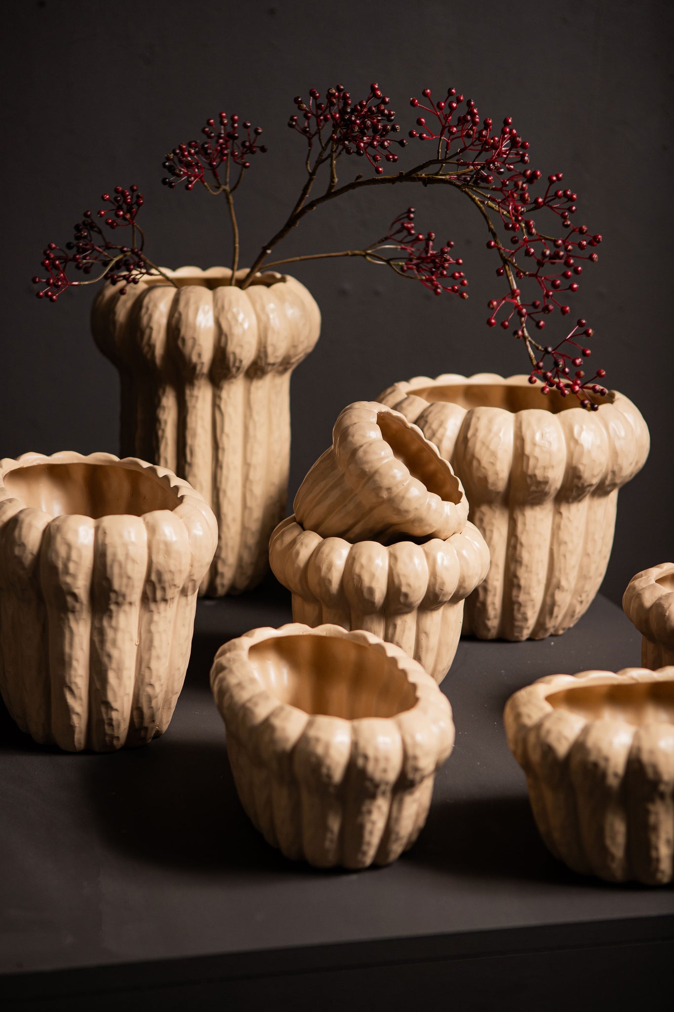 Samaran Cream Oval Ceramic Pot Ribbed L
