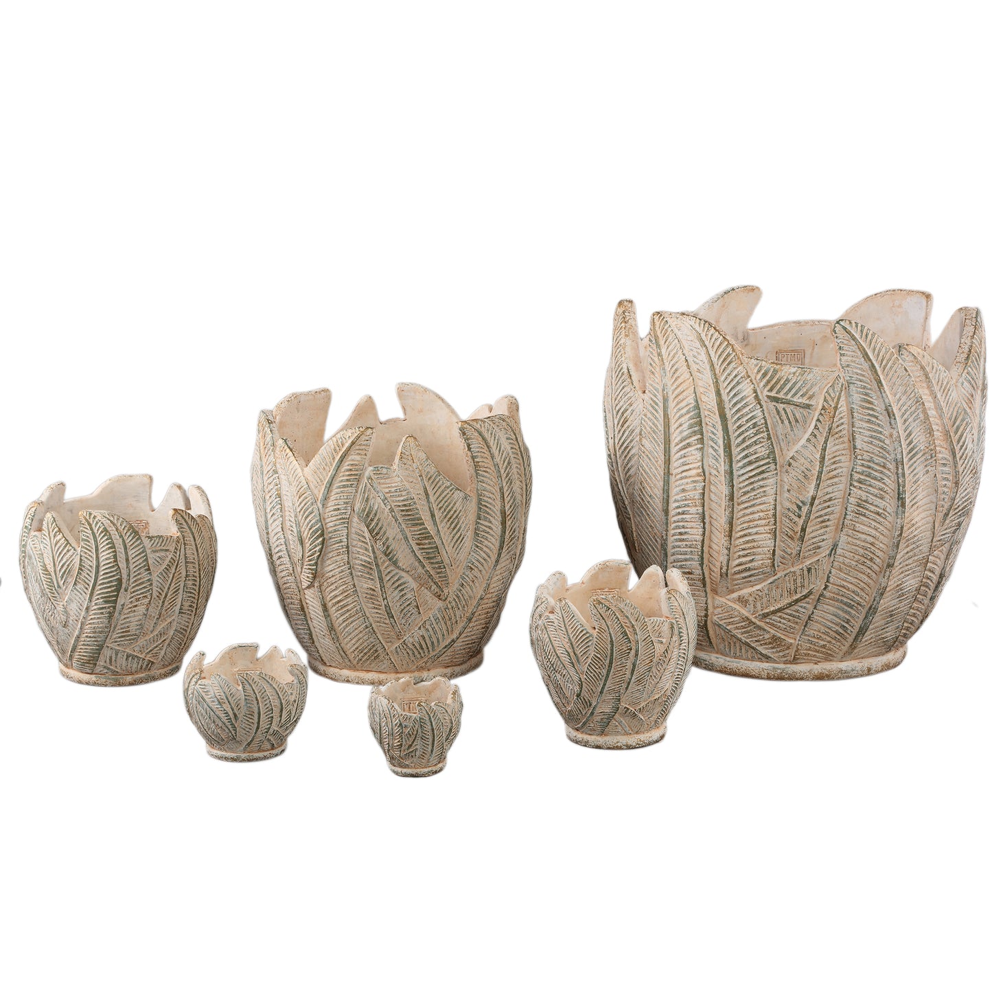 Noami Cream Cement Round Pot W Leaves Pattern L